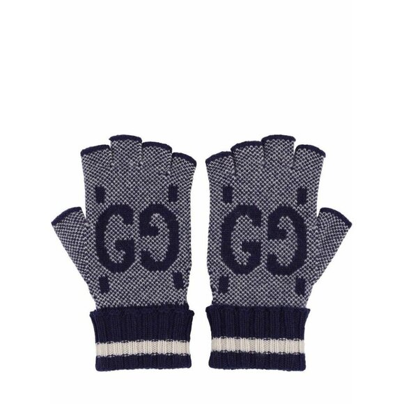 NWT Gucci 726586 Glove Gg Logo Cashmere Fingerless Gloves In Navy Ivory Size S - Picture 1 of 6